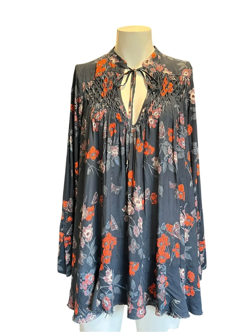Free People Black Floral Tie-Neck Blouse with Orange Accents